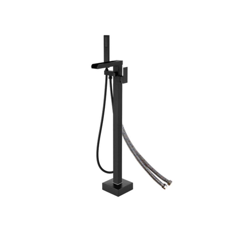 Floor Mounted Metal Freestanding Tub Filler Two Handles Freestanding Tub Filler Trim Black Waterfall Comes Out Wall Clearhalo 'Bathroom Remodel & Bathroom Fixtures' 'Bathtub Faucets' 'bathtub_faucets' 'Home Improvement' 'home_improvement' 'home_improvement_bathtub_faucets' 6743644