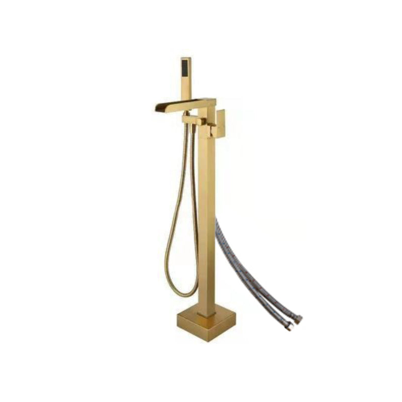 Floor Mounted Metal Freestanding Tub Filler Two Handles Freestanding Tub Filler Trim Gold Waterfall Comes Out Wall Clearhalo 'Bathroom Remodel & Bathroom Fixtures' 'Bathtub Faucets' 'bathtub_faucets' 'Home Improvement' 'home_improvement' 'home_improvement_bathtub_faucets' 6743646
