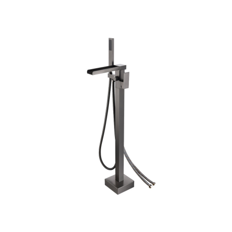 Floor Mounted Metal Freestanding Tub Filler Two Handles Freestanding Tub Filler Trim Gun Grey Waterfall Comes Out Wall Clearhalo 'Bathroom Remodel & Bathroom Fixtures' 'Bathtub Faucets' 'bathtub_faucets' 'Home Improvement' 'home_improvement' 'home_improvement_bathtub_faucets' 6743648