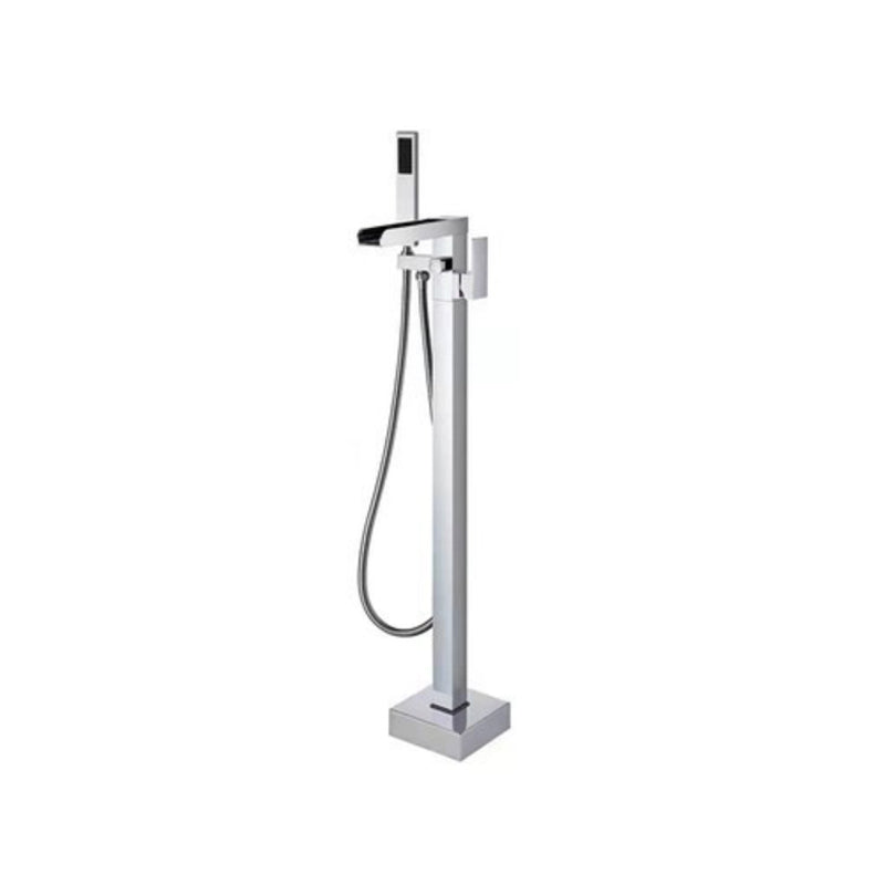 Floor Mounted Metal Freestanding Tub Filler Two Handles Freestanding Tub Filler Trim Chrome Waterfall Comes Out Ground Clearhalo 'Bathroom Remodel & Bathroom Fixtures' 'Bathtub Faucets' 'bathtub_faucets' 'Home Improvement' 'home_improvement' 'home_improvement_bathtub_faucets' 6743649