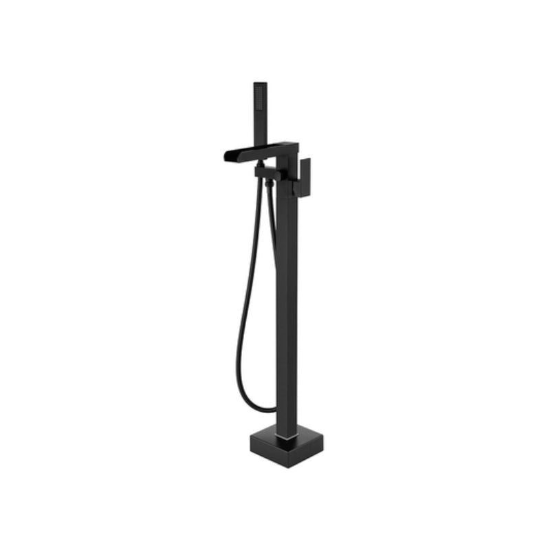 Floor Mounted Metal Freestanding Tub Filler Two Handles Freestanding Tub Filler Trim Black Waterfall Comes Out Ground Clearhalo 'Bathroom Remodel & Bathroom Fixtures' 'Bathtub Faucets' 'bathtub_faucets' 'Home Improvement' 'home_improvement' 'home_improvement_bathtub_faucets' 6743651