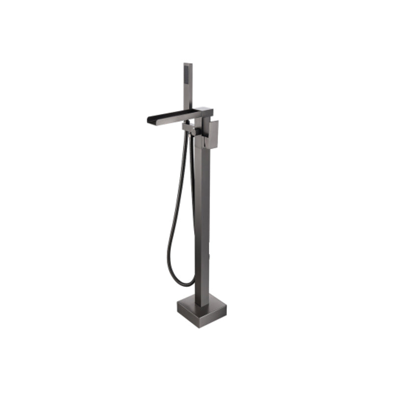 Floor Mounted Metal Freestanding Tub Filler Two Handles Freestanding Tub Filler Trim Gun Grey Waterfall Comes Out Ground Clearhalo 'Bathroom Remodel & Bathroom Fixtures' 'Bathtub Faucets' 'bathtub_faucets' 'Home Improvement' 'home_improvement' 'home_improvement_bathtub_faucets' 6743653