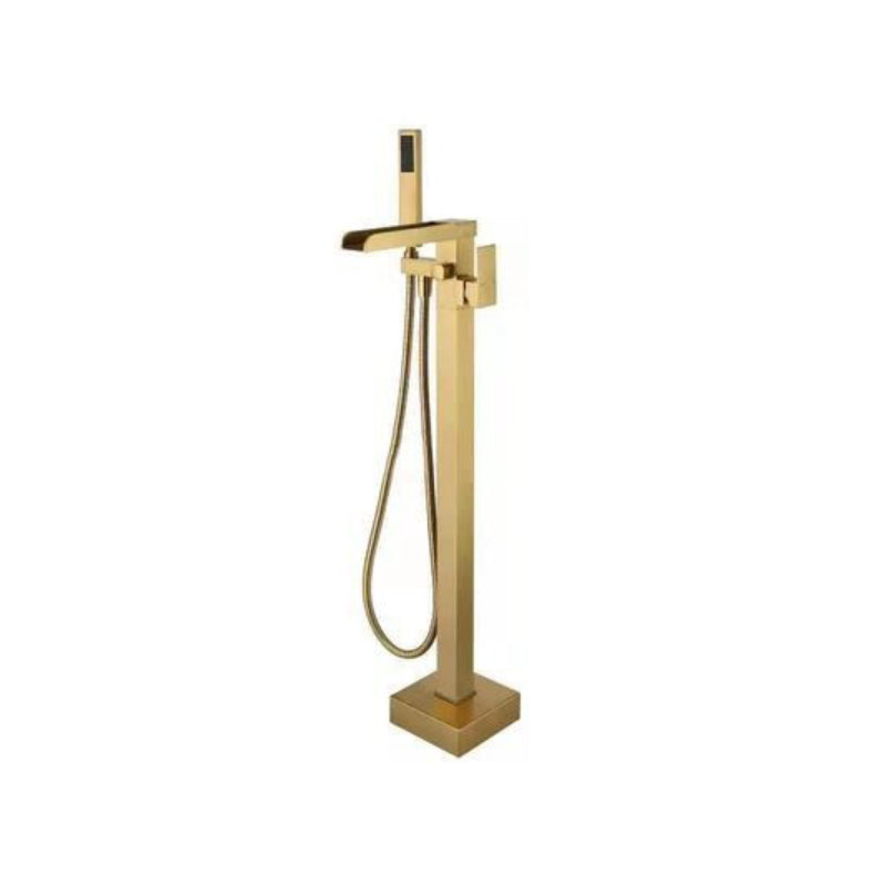 Floor Mounted Metal Freestanding Tub Filler Two Handles Freestanding Tub Filler Trim Gold Waterfall Comes Out Ground Clearhalo 'Bathroom Remodel & Bathroom Fixtures' 'Bathtub Faucets' 'bathtub_faucets' 'Home Improvement' 'home_improvement' 'home_improvement_bathtub_faucets' 6743655