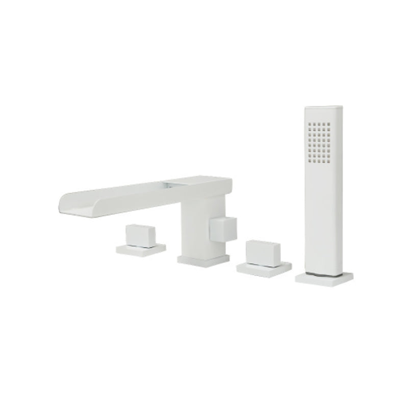 Deck Mounted Copper Roman Tub Faucet Low Arc Waterfall Roman Tub Faucet Set White Waterfall Comes Out 4 Hole Faucets Clearhalo 'Bathroom Remodel & Bathroom Fixtures' 'Bathtub Faucets' 'bathtub_faucets' 'Home Improvement' 'home_improvement' 'home_improvement_bathtub_faucets' 6743682