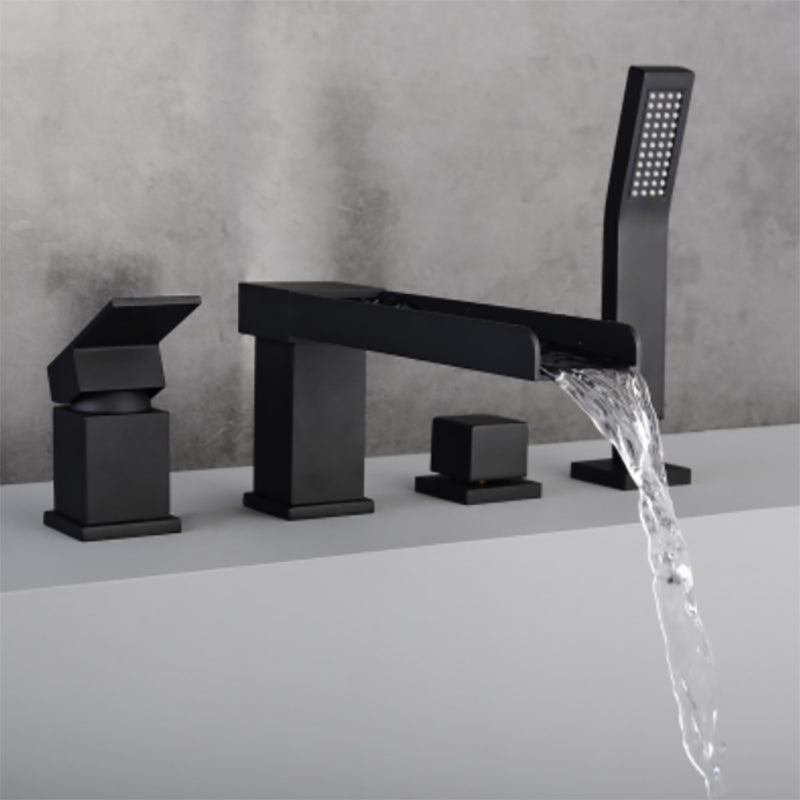 Deck Mounted Copper Roman Tub Faucet Low Arc Waterfall Roman Tub Faucet Set Black Waterfall Comes Out 4 Hole Faucets Clearhalo 'Bathroom Remodel & Bathroom Fixtures' 'Bathtub Faucets' 'bathtub_faucets' 'Home Improvement' 'home_improvement' 'home_improvement_bathtub_faucets' 6743684