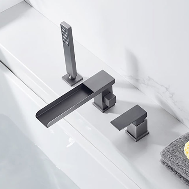 Deck Mounted Copper Roman Tub Faucet Low Arc Waterfall Roman Tub Faucet Set Clearhalo 'Bathroom Remodel & Bathroom Fixtures' 'Bathtub Faucets' 'bathtub_faucets' 'Home Improvement' 'home_improvement' 'home_improvement_bathtub_faucets' 6743691