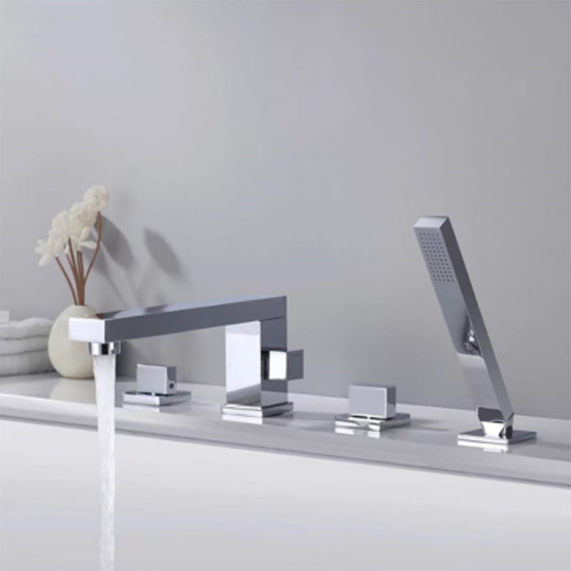 Deck Mounted Copper Roman Tub Faucet Low Arc Waterfall Roman Tub Faucet Set Silver Right Angle 4 Hole Faucets Clearhalo 'Bathroom Remodel & Bathroom Fixtures' 'Bathtub Faucets' 'bathtub_faucets' 'Home Improvement' 'home_improvement' 'home_improvement_bathtub_faucets' 6743693