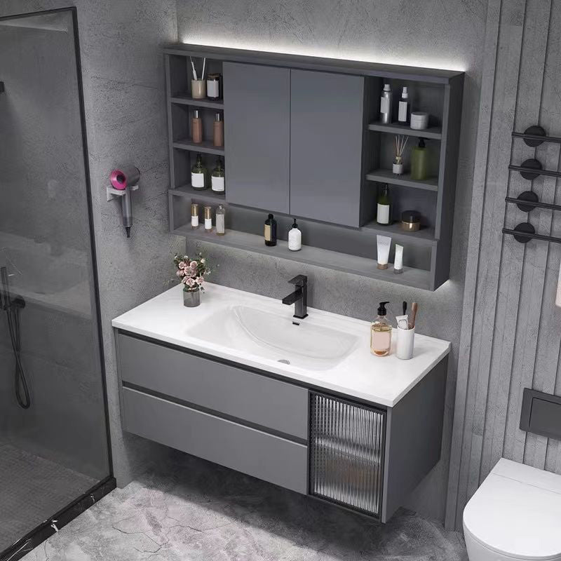 Contemporary Sink Cabinet Metal Gray Wall-Mounted Bathroom Vanity Set Vanity & Faucet & Mirror Cabinet 47"L x 20"W x 20"H Clearhalo 'Bathroom Remodel & Bathroom Fixtures' 'Bathroom Vanities' 'bathroom_vanities' 'Home Improvement' 'home_improvement' 'home_improvement_bathroom_vanities' 6743747