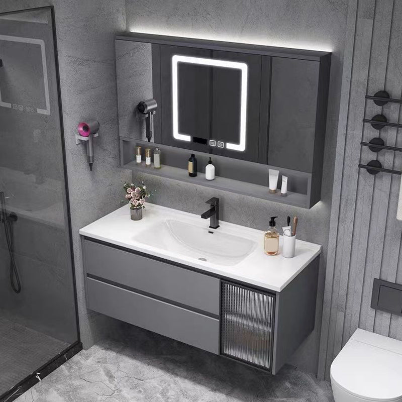 Contemporary Sink Cabinet Metal Gray Wall-Mounted Bathroom Vanity Set Vanity & Faucet & Smart Medicine Cabinet 47"L x 20"W x 20"H Clearhalo 'Bathroom Remodel & Bathroom Fixtures' 'Bathroom Vanities' 'bathroom_vanities' 'Home Improvement' 'home_improvement' 'home_improvement_bathroom_vanities' 6743756