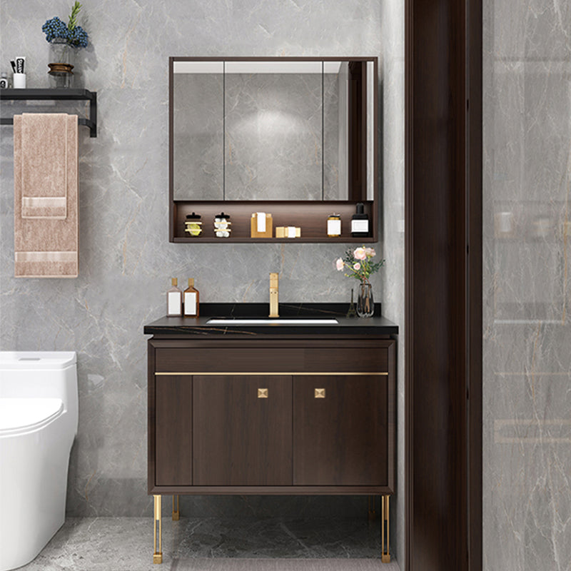 Freestanding Vanity Mirror Rectangle Single Sink Wood Frame Vanity Set with Drawers Vanity & Faucet & Mirror Cabinet 27.6"L x 21.7"W x 32.7"H Clearhalo 'Bathroom Remodel & Bathroom Fixtures' 'Bathroom Vanities' 'bathroom_vanities' 'Home Improvement' 'home_improvement' 'home_improvement_bathroom_vanities' 6743825