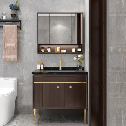 Freestanding Vanity Mirror Rectangle Single Sink Wood Frame Vanity Set with Drawers Vanity & Faucet & Mirror Cabinet 27.6"L x 21.7"W x 32.7"H Clearhalo 'Bathroom Remodel & Bathroom Fixtures' 'Bathroom Vanities' 'bathroom_vanities' 'Home Improvement' 'home_improvement' 'home_improvement_bathroom_vanities' 6743825