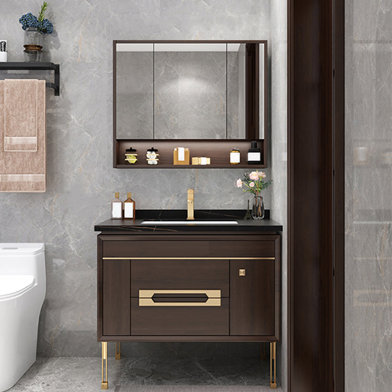 Freestanding Vanity Mirror Rectangle Single Sink Wood Frame Vanity Set with Drawers Vanity & Faucet & Mirror Cabinet 31.5"L x 21.7"W x 32.7"H Clearhalo 'Bathroom Remodel & Bathroom Fixtures' 'Bathroom Vanities' 'bathroom_vanities' 'Home Improvement' 'home_improvement' 'home_improvement_bathroom_vanities' 6743827