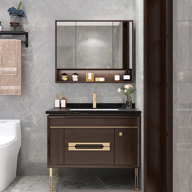 Freestanding Vanity Mirror Rectangle Single Sink Wood Frame Vanity Set with Drawers Vanity & Faucet & Mirror Cabinet 35.4"L x 21.7"W x 32.7"H Clearhalo 'Bathroom Remodel & Bathroom Fixtures' 'Bathroom Vanities' 'bathroom_vanities' 'Home Improvement' 'home_improvement' 'home_improvement_bathroom_vanities' 6743829