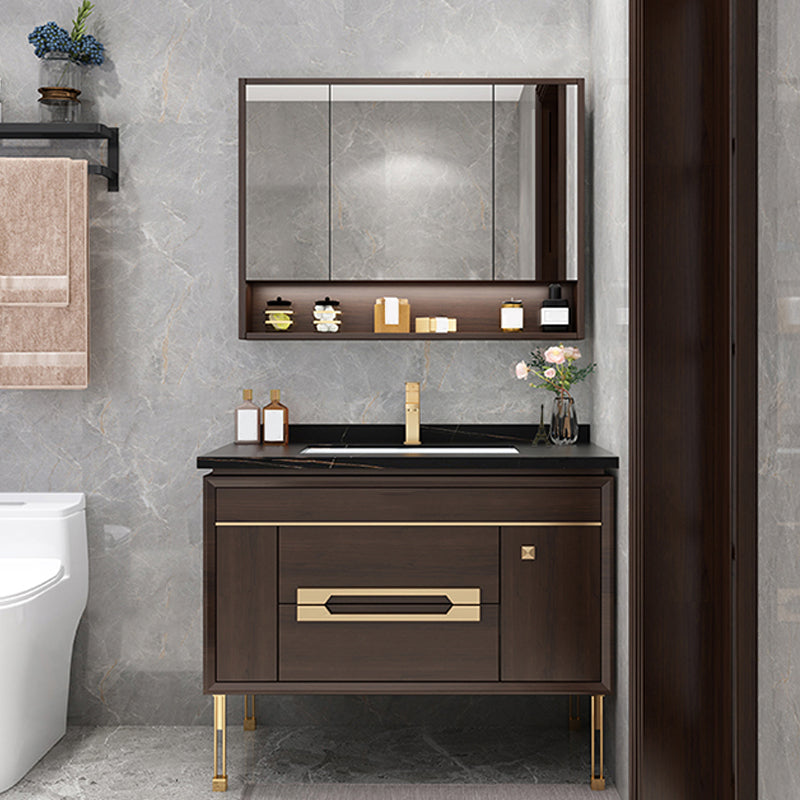 Freestanding Vanity Mirror Rectangle Single Sink Wood Frame Vanity Set with Drawers Vanity & Faucet & Mirror Cabinet 39.4"L x 21.7"W x 32.7"H Clearhalo 'Bathroom Remodel & Bathroom Fixtures' 'Bathroom Vanities' 'bathroom_vanities' 'Home Improvement' 'home_improvement' 'home_improvement_bathroom_vanities' 6743830