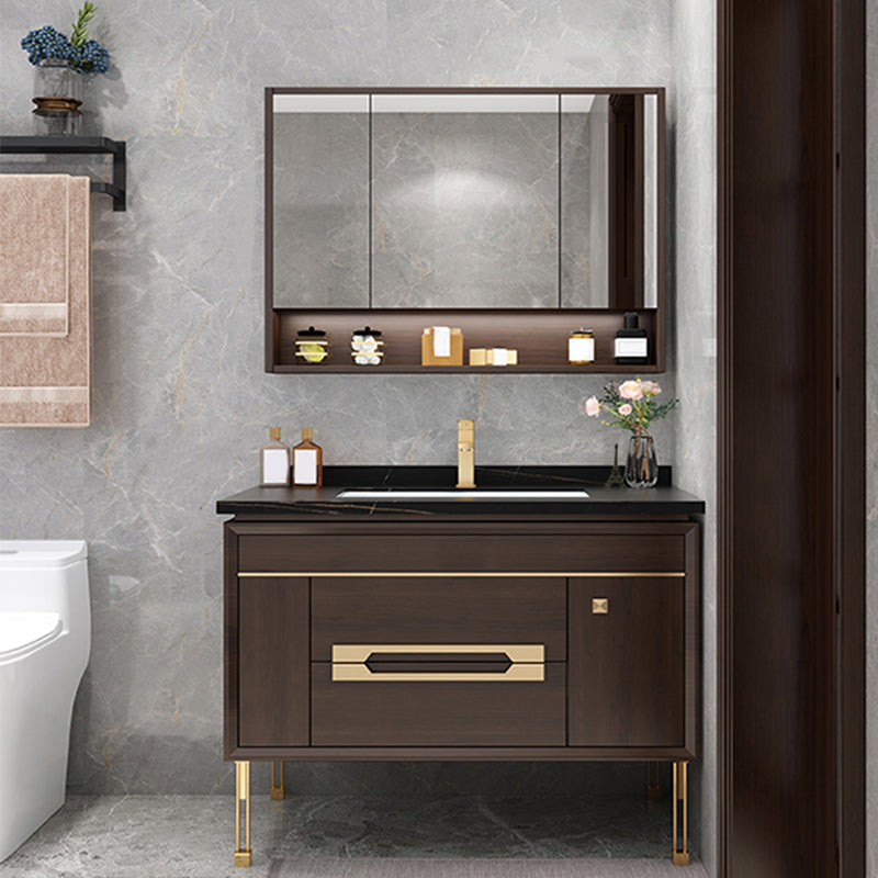 Freestanding Vanity Mirror Rectangle Single Sink Wood Frame Vanity Set with Drawers Vanity & Faucet & Mirror Cabinet 43.3"L x 21.7"W x 32.7"H Clearhalo 'Bathroom Remodel & Bathroom Fixtures' 'Bathroom Vanities' 'bathroom_vanities' 'Home Improvement' 'home_improvement' 'home_improvement_bathroom_vanities' 6743832