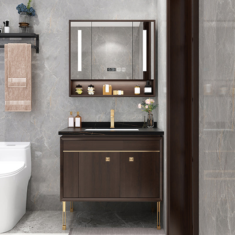 Freestanding Vanity Mirror Rectangle Single Sink Wood Frame Vanity Set with Drawers Vanity & Faucet & Smart Medicine Cabinet 27.6"L x 21.7"W x 32.7"H Clearhalo 'Bathroom Remodel & Bathroom Fixtures' 'Bathroom Vanities' 'bathroom_vanities' 'Home Improvement' 'home_improvement' 'home_improvement_bathroom_vanities' 6743843