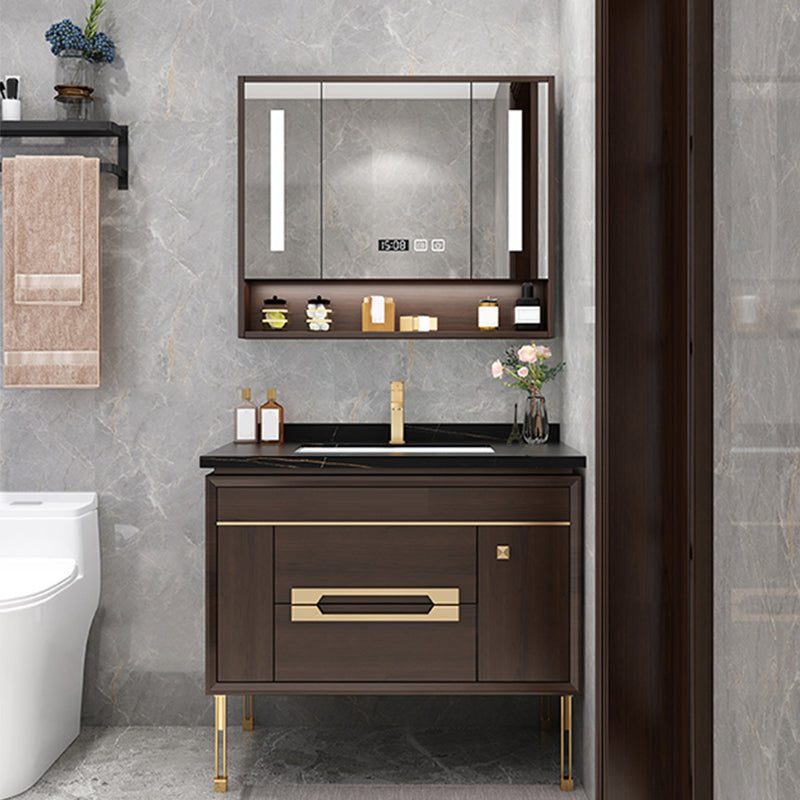 Freestanding Vanity Mirror Rectangle Single Sink Wood Frame Vanity Set with Drawers Vanity & Faucet & Smart Medicine Cabinet 31.5"L x 21.7"W x 32.7"H Clearhalo 'Bathroom Remodel & Bathroom Fixtures' 'Bathroom Vanities' 'bathroom_vanities' 'Home Improvement' 'home_improvement' 'home_improvement_bathroom_vanities' 6743844