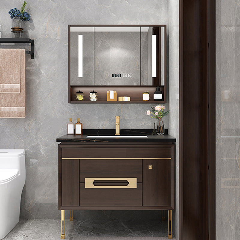 Freestanding Vanity Mirror Rectangle Single Sink Wood Frame Vanity Set with Drawers Vanity & Faucet & Smart Medicine Cabinet 35.4"L x 21.7"W x 32.7"H Clearhalo 'Bathroom Remodel & Bathroom Fixtures' 'Bathroom Vanities' 'bathroom_vanities' 'Home Improvement' 'home_improvement' 'home_improvement_bathroom_vanities' 6743845