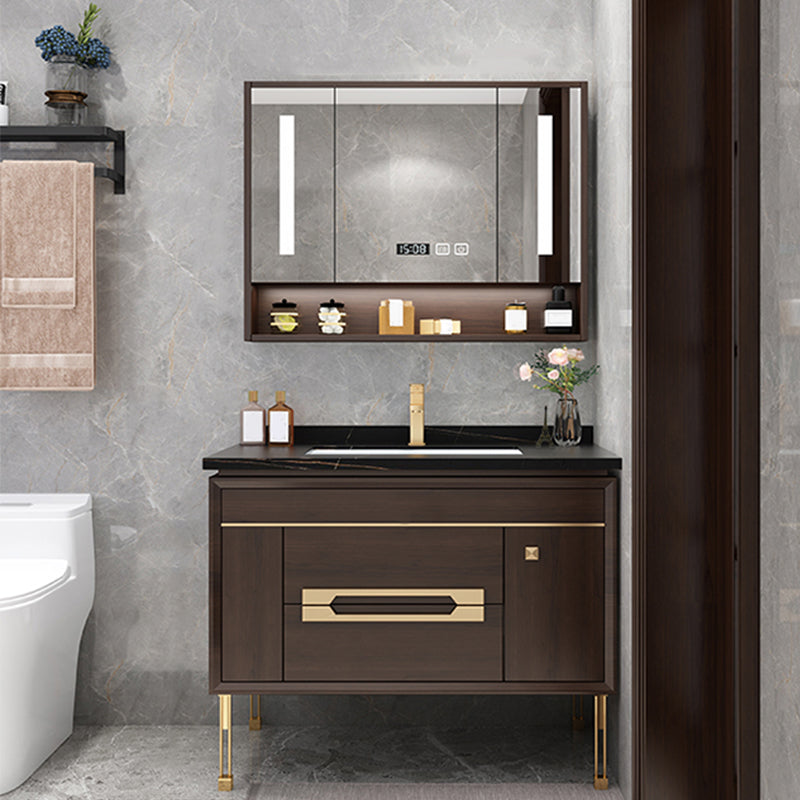 Freestanding Vanity Mirror Rectangle Single Sink Wood Frame Vanity Set with Drawers Vanity & Faucet & Smart Medicine Cabinet 39.4"L x 21.7"W x 32.7"H Clearhalo 'Bathroom Remodel & Bathroom Fixtures' 'Bathroom Vanities' 'bathroom_vanities' 'Home Improvement' 'home_improvement' 'home_improvement_bathroom_vanities' 6743846