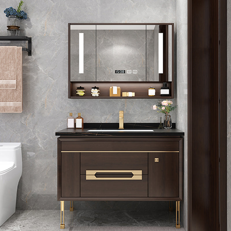 Freestanding Vanity Mirror Rectangle Single Sink Wood Frame Vanity Set with Drawers Vanity & Faucet & Smart Medicine Cabinet 43.3"L x 21.7"W x 32.7"H Clearhalo 'Bathroom Remodel & Bathroom Fixtures' 'Bathroom Vanities' 'bathroom_vanities' 'Home Improvement' 'home_improvement' 'home_improvement_bathroom_vanities' 6743847