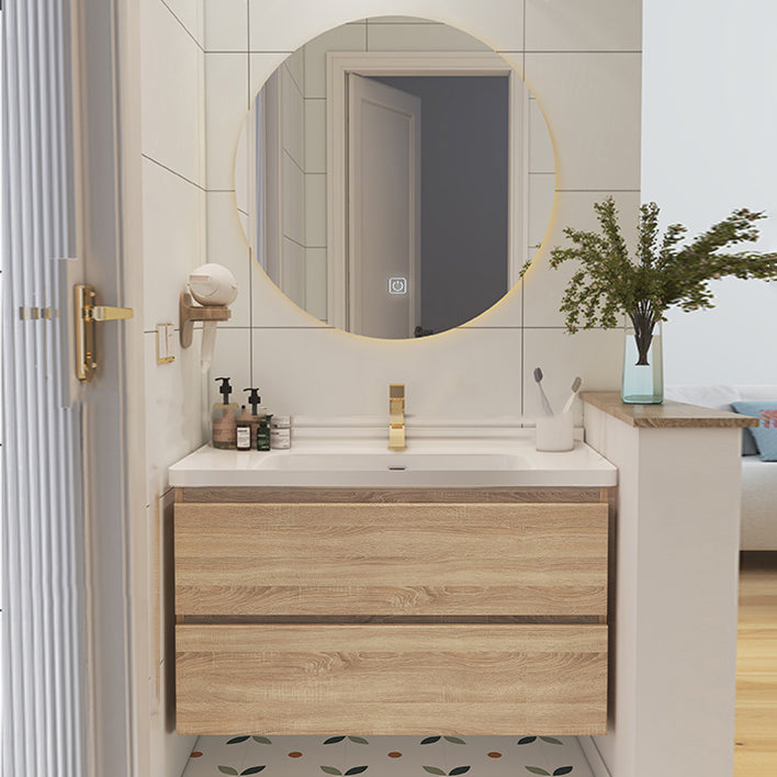 Drawers Bath Vanity Wood Mirror Rectangle Single Sink Wall Mount Vanity Set Vanity & Faucet & Round Mirror Clearhalo 'Bathroom Remodel & Bathroom Fixtures' 'Bathroom Vanities' 'bathroom_vanities' 'Home Improvement' 'home_improvement' 'home_improvement_bathroom_vanities' 6743977