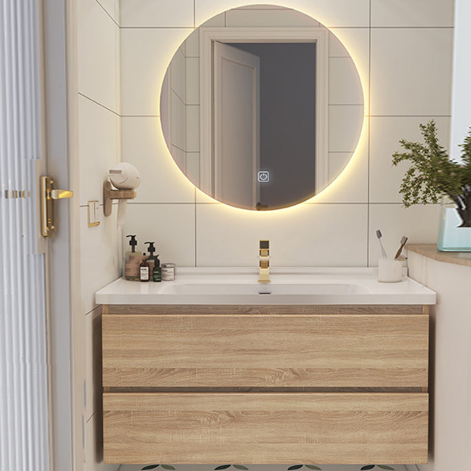 Drawers Bath Vanity Wood Mirror Rectangle Single Sink Wall Mount Vanity Set Vanity & Faucet & Round Mirror Clearhalo 'Bathroom Remodel & Bathroom Fixtures' 'Bathroom Vanities' 'bathroom_vanities' 'Home Improvement' 'home_improvement' 'home_improvement_bathroom_vanities' 6743980