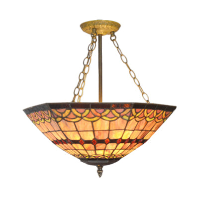 Craftsman Shade Hanging Light Tiffany Antique Stained Glass Inverted Chandelier in Yellow for Hotel Yellow Wavy Clearhalo 'Ceiling Lights' 'Chandeliers' 'Close To Ceiling Lights' 'Industrial' 'Middle Century Chandeliers' 'Tiffany Chandeliers' 'Tiffany close to ceiling' 'Tiffany' Lighting' 67524