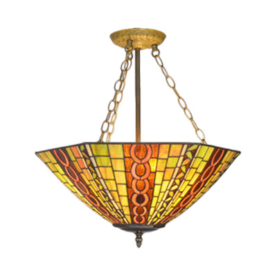 Craftsman Shade Hanging Light Tiffany Antique Stained Glass Inverted Chandelier in Yellow for Hotel Yellow Wire Mesh Clearhalo 'Ceiling Lights' 'Chandeliers' 'Close To Ceiling Lights' 'Industrial' 'Middle Century Chandeliers' 'Tiffany Chandeliers' 'Tiffany close to ceiling' 'Tiffany' Lighting' 67526