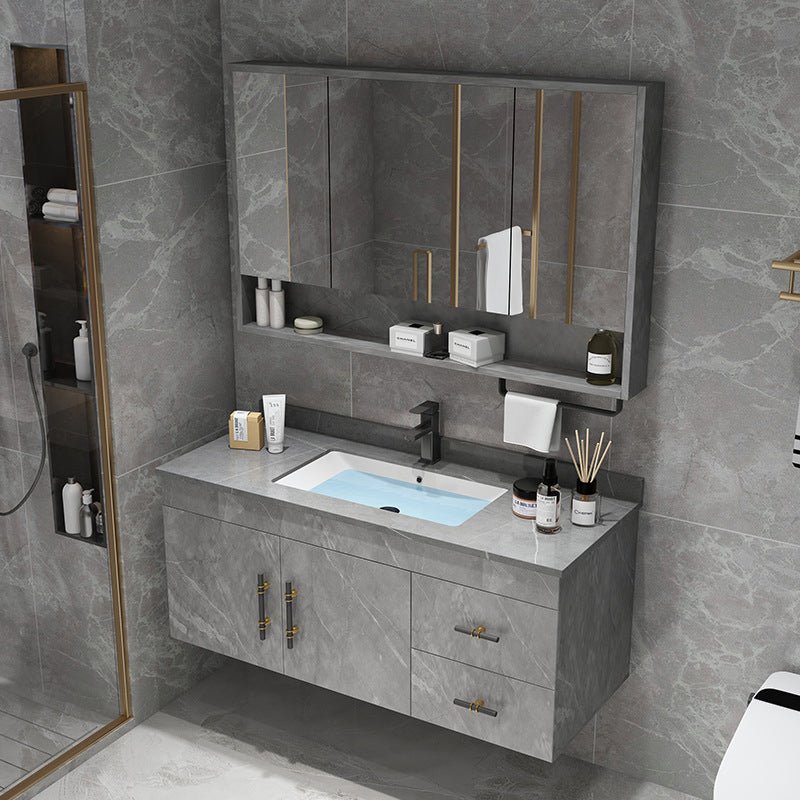 Stone Top Vanity Set Single Sink Mirror Drawers Wall-Mounted Rectangle Vanity with 2 Doors Clearhalo 'Bathroom Remodel & Bathroom Fixtures' 'Bathroom Vanities' 'bathroom_vanities' 'Home Improvement' 'home_improvement' 'home_improvement_bathroom_vanities' 6752744