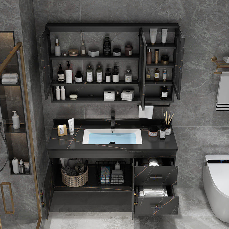 Stone Top Vanity Set Single Sink Mirror Drawers Wall-Mounted Rectangle Vanity with 2 Doors Clearhalo 'Bathroom Remodel & Bathroom Fixtures' 'Bathroom Vanities' 'bathroom_vanities' 'Home Improvement' 'home_improvement' 'home_improvement_bathroom_vanities' 6752745