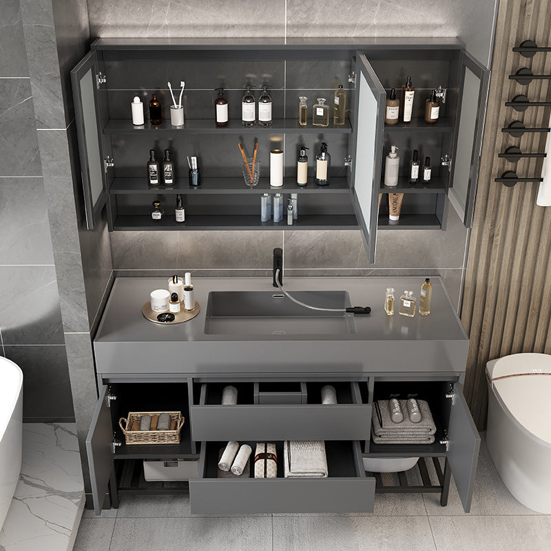Single Sink Grey Vanity Shelving Included Mirror Rectangle Vanity with 2 Drawers Clearhalo 'Bathroom Remodel & Bathroom Fixtures' 'Bathroom Vanities' 'bathroom_vanities' 'Home Improvement' 'home_improvement' 'home_improvement_bathroom_vanities' 6752760