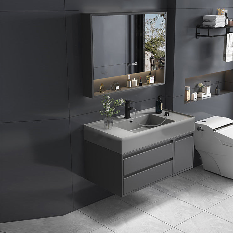 Single Sink Grey Vanity Shelving Included Mirror Rectangle Vanity with 2 Drawers Vanity & Faucet & Mirror Cabinet Clearhalo 'Bathroom Remodel & Bathroom Fixtures' 'Bathroom Vanities' 'bathroom_vanities' 'Home Improvement' 'home_improvement' 'home_improvement_bathroom_vanities' 6752762