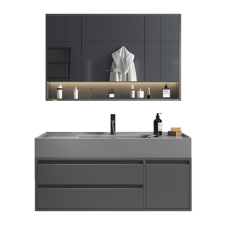 Single Sink Grey Vanity Shelving Included Mirror Rectangle Vanity with 2 Drawers Clearhalo 'Bathroom Remodel & Bathroom Fixtures' 'Bathroom Vanities' 'bathroom_vanities' 'Home Improvement' 'home_improvement' 'home_improvement_bathroom_vanities' 6752763