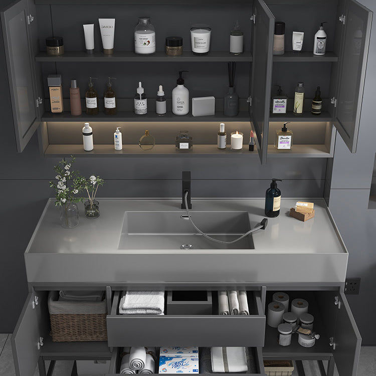 Single Sink Grey Vanity Shelving Included Mirror Rectangle Vanity with 2 Drawers Clearhalo 'Bathroom Remodel & Bathroom Fixtures' 'Bathroom Vanities' 'bathroom_vanities' 'Home Improvement' 'home_improvement' 'home_improvement_bathroom_vanities' 6752769