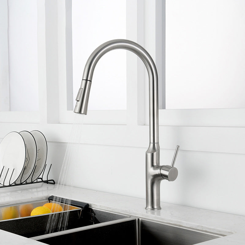 Contemporary Single Lever Kitchen Faucet 1-Hold Water Faucet with Pull out Sprayer Nickel Clearhalo 'Home Improvement' 'home_improvement' 'home_improvement_kitchen_faucets' 'Kitchen Faucets' 'Kitchen Remodel & Kitchen Fixtures' 'Kitchen Sinks & Faucet Components' 'kitchen_faucets' 6756377