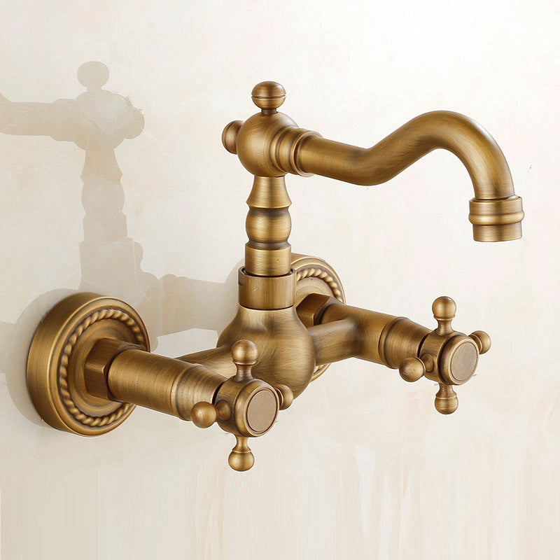 Vintage Tub Faucet Two Cross Handle Faucet Pure Copper Wall Mounted Faucet Clearhalo 'Bathroom Remodel & Bathroom Fixtures' 'Bathtub Faucets' 'bathtub_faucets' 'Home Improvement' 'home_improvement' 'home_improvement_bathtub_faucets' 6757871