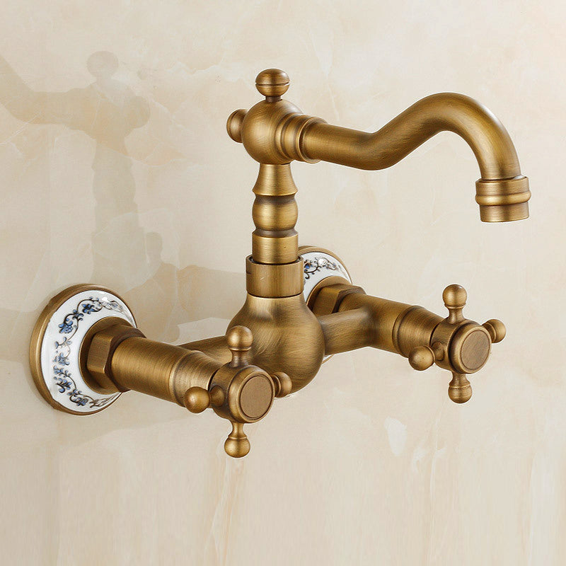 Vintage Tub Faucet Two Cross Handle Faucet Pure Copper Wall Mounted Faucet White Short Clearhalo 'Bathroom Remodel & Bathroom Fixtures' 'Bathtub Faucets' 'bathtub_faucets' 'Home Improvement' 'home_improvement' 'home_improvement_bathtub_faucets' 6757872