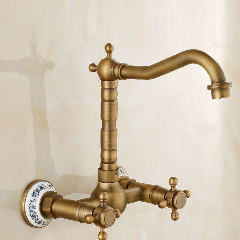 Vintage Tub Faucet Two Cross Handle Faucet Pure Copper Wall Mounted Faucet White Tall Clearhalo 'Bathroom Remodel & Bathroom Fixtures' 'Bathtub Faucets' 'bathtub_faucets' 'Home Improvement' 'home_improvement' 'home_improvement_bathtub_faucets' 6757874