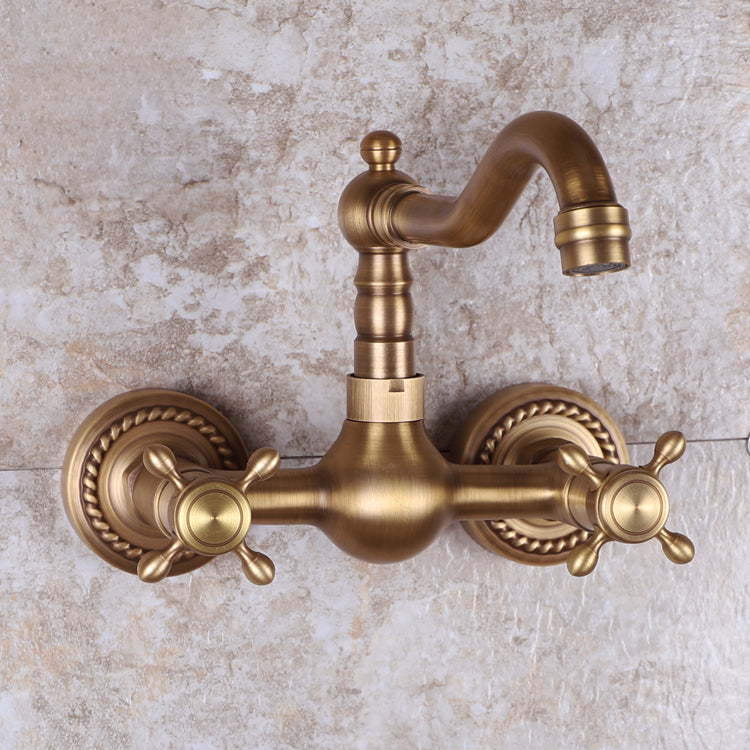 Vintage Tub Faucet Two Cross Handle Faucet Full Copper Wall Mounted Faucet Clearhalo 'Bathroom Remodel & Bathroom Fixtures' 'Bathtub Faucets' 'bathtub_faucets' 'Home Improvement' 'home_improvement' 'home_improvement_bathtub_faucets' 6757882
