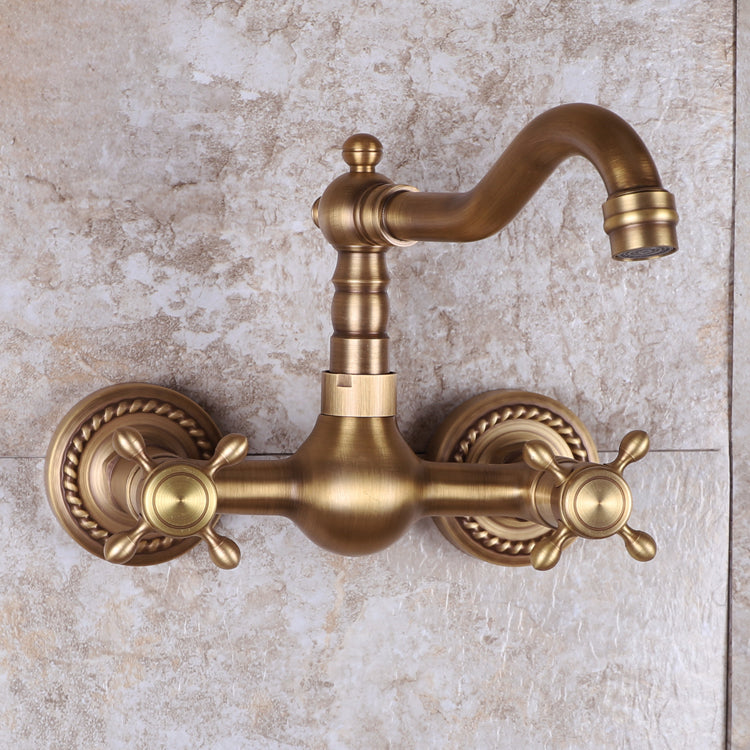 Vintage Tub Faucet Two Cross Handle Faucet Full Copper Wall Mounted Faucet Short Clearhalo 'Bathroom Remodel & Bathroom Fixtures' 'Bathtub Faucets' 'bathtub_faucets' 'Home Improvement' 'home_improvement' 'home_improvement_bathtub_faucets' 6757884