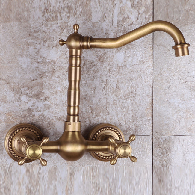 Vintage Tub Faucet Two Cross Handle Faucet Full Copper Wall Mounted Faucet Clearhalo 'Bathroom Remodel & Bathroom Fixtures' 'Bathtub Faucets' 'bathtub_faucets' 'Home Improvement' 'home_improvement' 'home_improvement_bathtub_faucets' 6757886