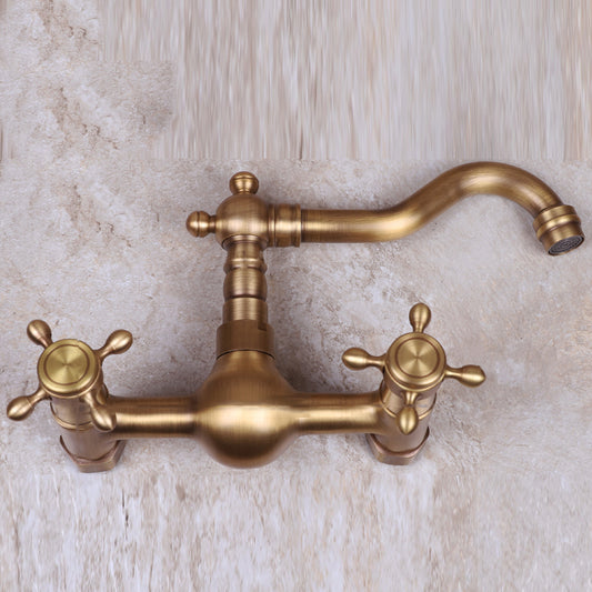 Vintage Tub Faucet Two Cross Handle Faucet Full Copper Wall Mounted Faucet Clearhalo 'Bathroom Remodel & Bathroom Fixtures' 'Bathtub Faucets' 'bathtub_faucets' 'Home Improvement' 'home_improvement' 'home_improvement_bathtub_faucets' 6757887