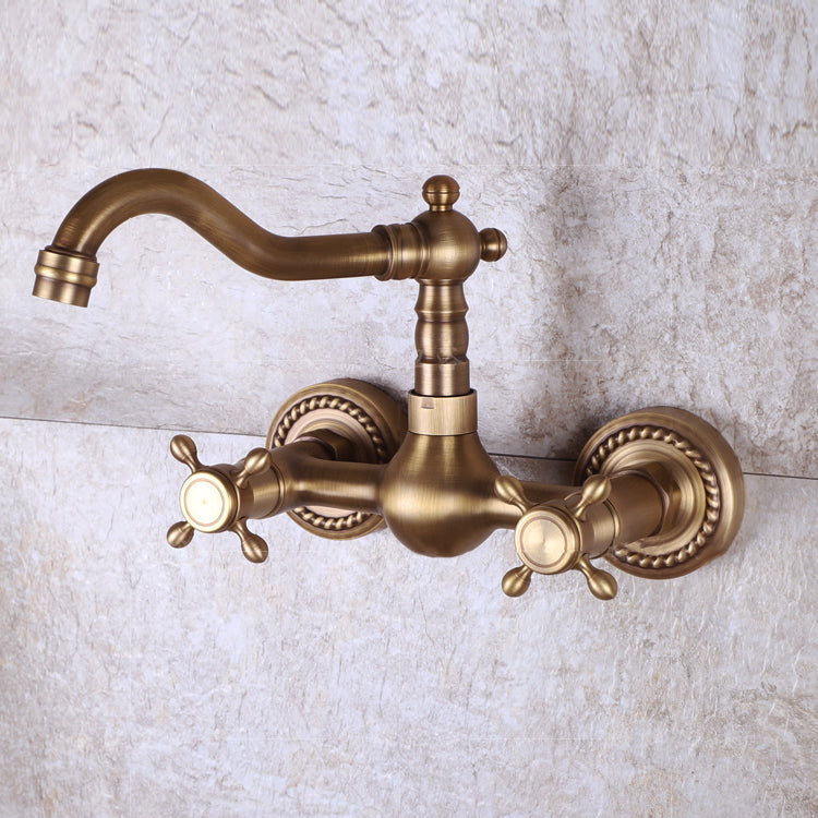 Vintage Tub Faucet Two Cross Handle Faucet Full Copper Wall Mounted Faucet Clearhalo 'Bathroom Remodel & Bathroom Fixtures' 'Bathtub Faucets' 'bathtub_faucets' 'Home Improvement' 'home_improvement' 'home_improvement_bathtub_faucets' 6757889