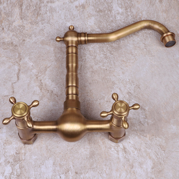 Vintage Tub Faucet Two Cross Handle Faucet Full Copper Wall Mounted Faucet Clearhalo 'Bathroom Remodel & Bathroom Fixtures' 'Bathtub Faucets' 'bathtub_faucets' 'Home Improvement' 'home_improvement' 'home_improvement_bathtub_faucets' 6757890