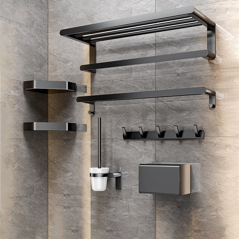 Modern Bathroom Set with Bath Shelf/Towel Bar & Paper Holder Black Bathroom Hardware Clearhalo 'Bathroom Hardware Sets' 'Bathroom Hardware' 'Bathroom Remodel & Bathroom Fixtures' 'bathroom_hardware_sets' 'Home Improvement' 'home_improvement' 'home_improvement_bathroom_hardware_sets' 6763124