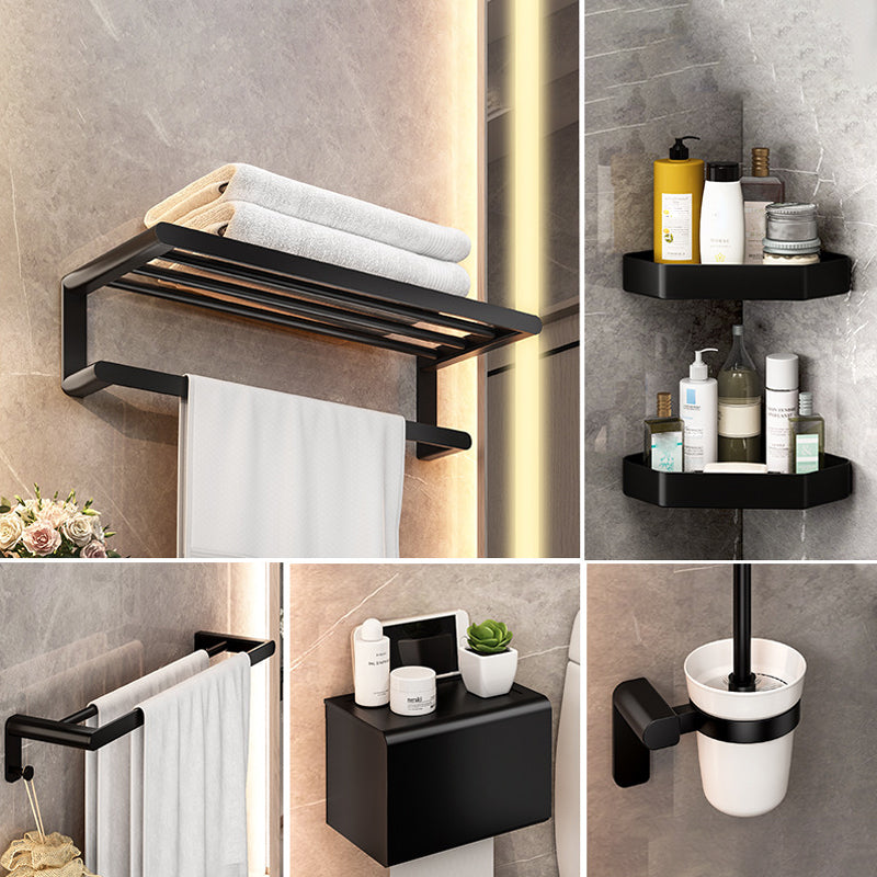 Modern Bathroom Set with Bath Shelf/Towel Bar & Paper Holder Black Bathroom Hardware 6-Piece Set (8"L Toilet Paper Holder) Clearhalo 'Bathroom Hardware Sets' 'Bathroom Hardware' 'Bathroom Remodel & Bathroom Fixtures' 'bathroom_hardware_sets' 'Home Improvement' 'home_improvement' 'home_improvement_bathroom_hardware_sets' 6763132