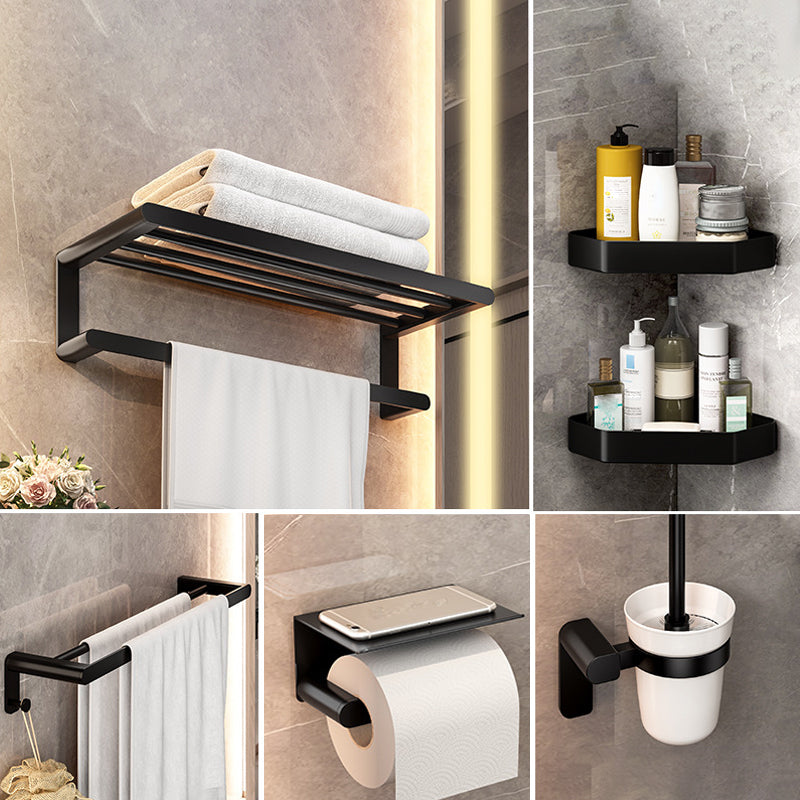 Modern Bathroom Set with Bath Shelf/Towel Bar & Paper Holder Black Bathroom Hardware 6-Piece Set (7"L Toilet Paper Holder) Clearhalo 'Bathroom Hardware Sets' 'Bathroom Hardware' 'Bathroom Remodel & Bathroom Fixtures' 'bathroom_hardware_sets' 'Home Improvement' 'home_improvement' 'home_improvement_bathroom_hardware_sets' 6763135