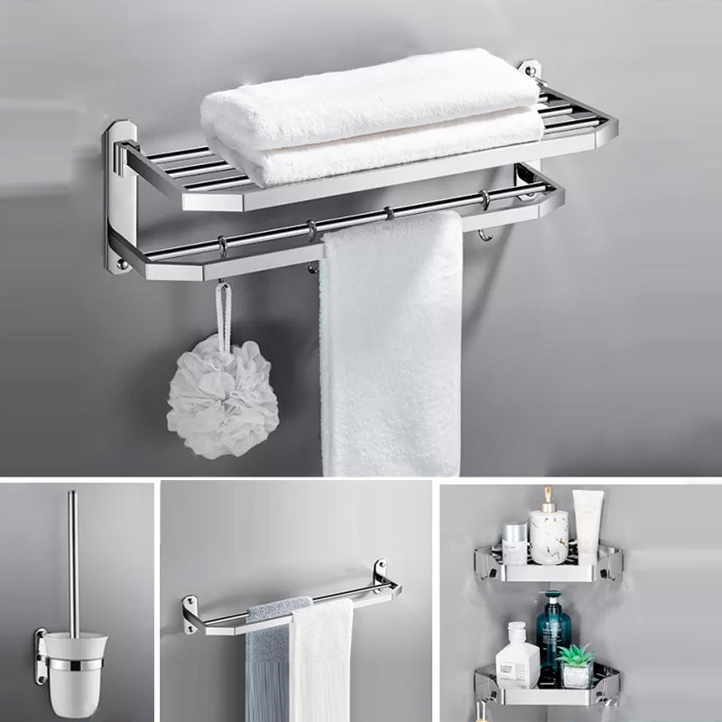 Contemporary Polished Chrome Bathroom Accessory Set with Towel Bar & Bath Shelf Angled 5-Piece Set (Towel Bar) Clearhalo 'Bathroom Hardware Sets' 'Bathroom Hardware' 'Bathroom Remodel & Bathroom Fixtures' 'bathroom_hardware_sets' 'Home Improvement' 'home_improvement' 'home_improvement_bathroom_hardware_sets' 6763276