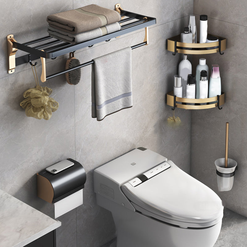 Black & Brass Bathroom Set Modern Style Bathroom Accessory As Individual Or As a Set Vertical 5-Piece Set (Toilet Brush) Clearhalo 'Bathroom Hardware Sets' 'Bathroom Hardware' 'Bathroom Remodel & Bathroom Fixtures' 'bathroom_hardware_sets' 'Home Improvement' 'home_improvement' 'home_improvement_bathroom_hardware_sets' 6763437