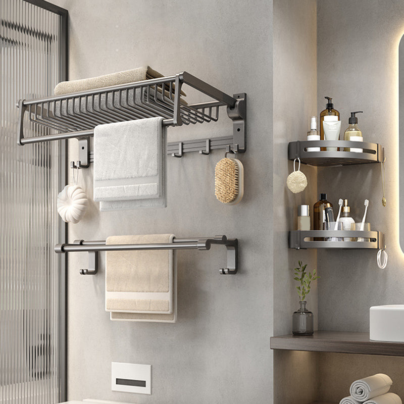 Gray Contemporary Bathroom Accessory Set Bath Shelf/Towel Bar & Robe Hooks Included 4-Piece Set (Towel Bar) Clearhalo 'Bathroom Hardware Sets' 'Bathroom Hardware' 'Bathroom Remodel & Bathroom Fixtures' 'bathroom_hardware_sets' 'Home Improvement' 'home_improvement' 'home_improvement_bathroom_hardware_sets' 6763646